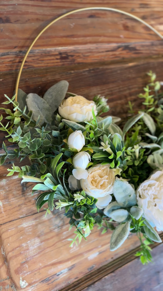 Golden Hoop Wreath with Lush Peonies and Greenery