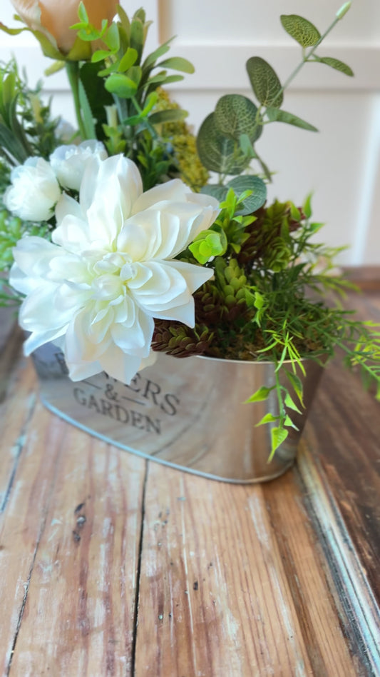 Farmhouse Metal Planter with Peach & White Spring Florals