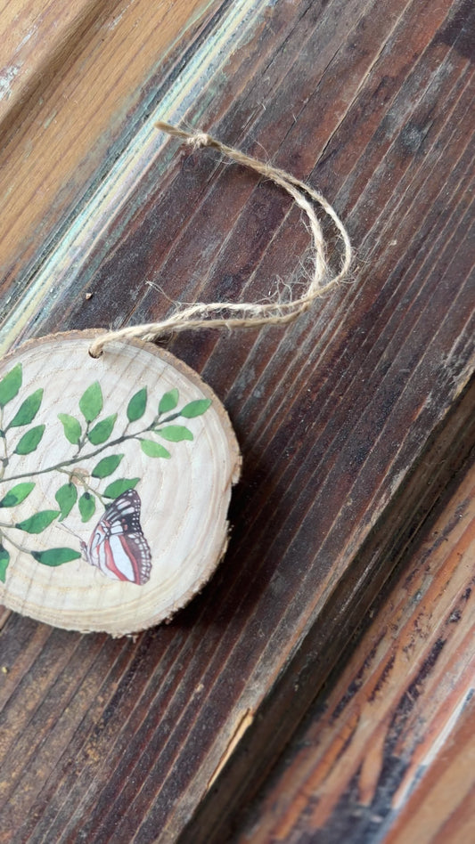 Handcrafted Wood Slice Wreath Ornament with Butterfly Design