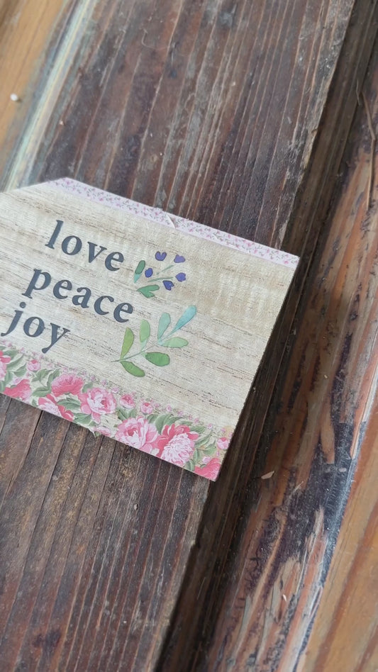 "Love Peace Joy" Botanical Wooden Tag with Beaded String