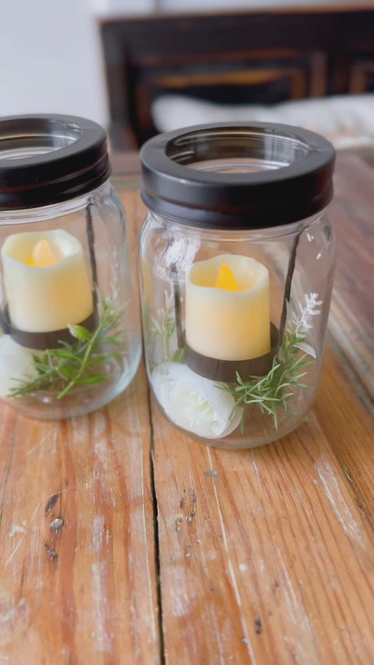 Mason Jar LED Candle Set With White Ranunculus