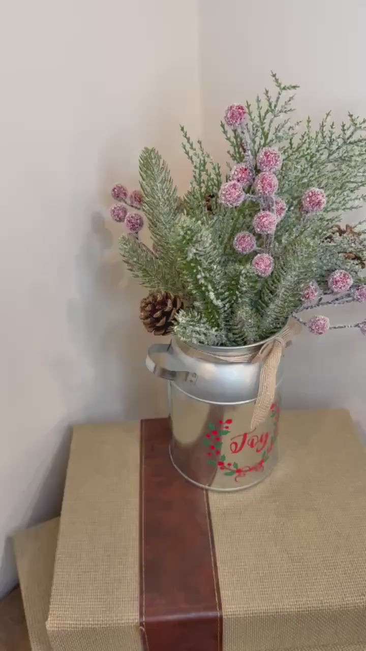 Joy Christmas Milk Can Arrangement | Frosted Greenery & Pink Berries | Farmhouse Holiday Table Decor