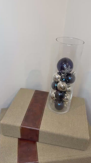 Navy & Silver Ornament Glass Vase Centerpiece | Tall Vase | Snowflake Christmas Table Decor