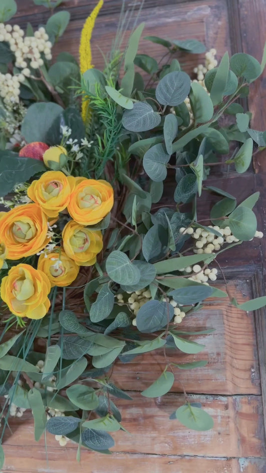 Vibrant Yellow Spring Wildflower and Ranunculus Wreath