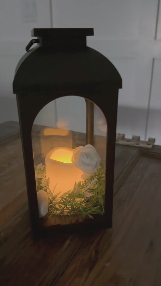 Solar LED Candle Lantern with White Ranunculus and Spring Greens