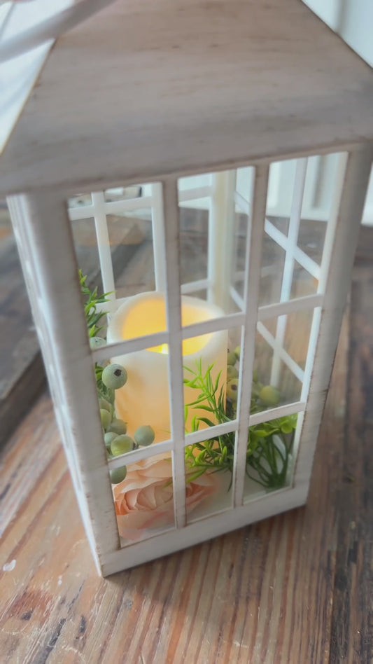 Solar-Powered White LED Lantern with Peach Floral Accents