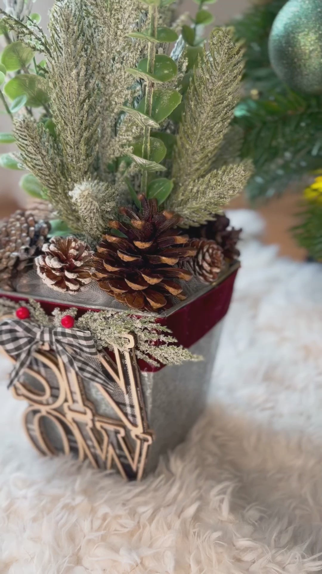 Snow-Themed Holiday Tabletop Arrangement.