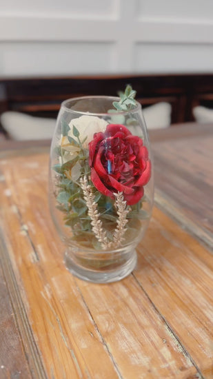 Elegant Peony and Eucalyptus Glass Vase.