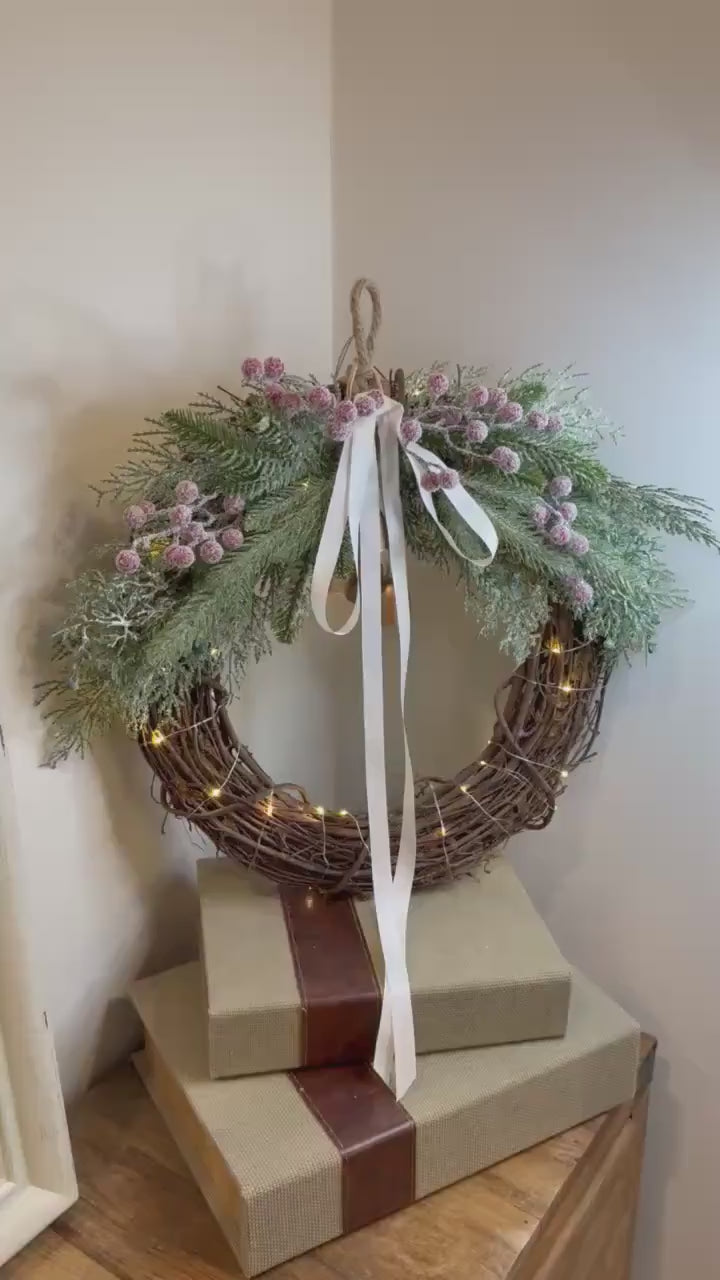 Lighted Christmas Wreath | Golden Bells, Snowy Pine & White Ribbon