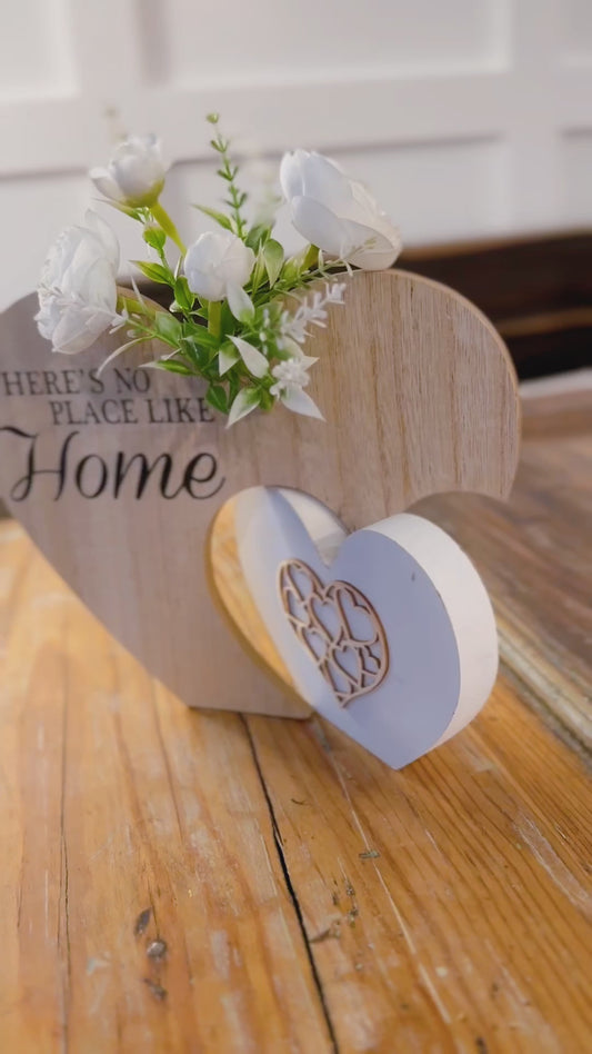 Rustic "There's No Place Like Home" Tabletop Sign with White Spring Flowers