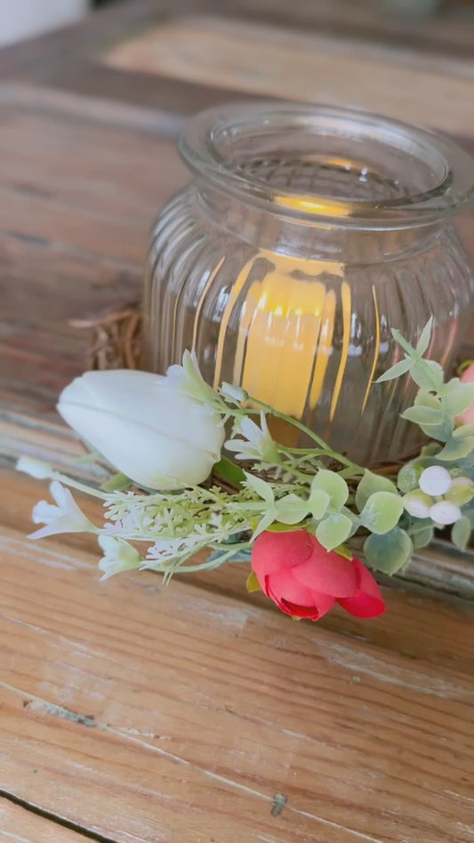 LED Candle Holder with Peach Peonies and White Tulip