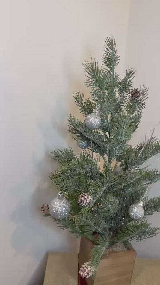 Mini Christmas Tree in Wood Box | Frosted Pine & Pinecones | Silver Ornaments | Tabletop Holiday Decor