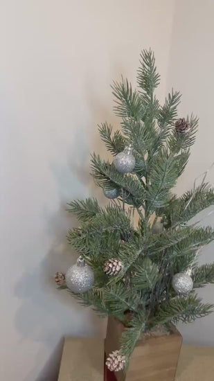 Mini Christmas Tree in Wood Box | Frosted Pine & Pinecones | Silver Ornaments | Tabletop Holiday Decor