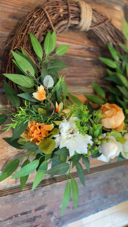 Rustic Grapevine Wreath with Lush Greenery, Orange and Cream Peonies