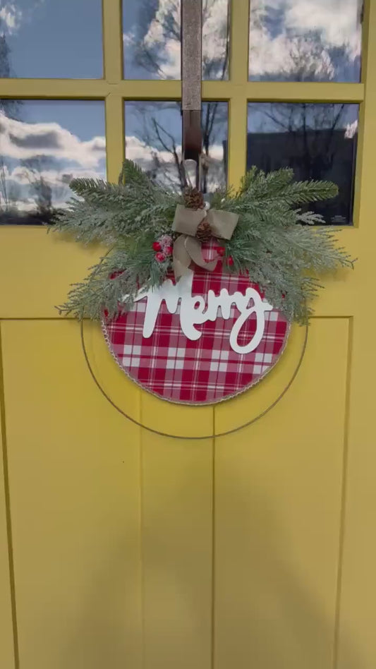 Merry Christmas Hoop Wreath | Red Plaid, Frosted Greenery & Burlap Bow