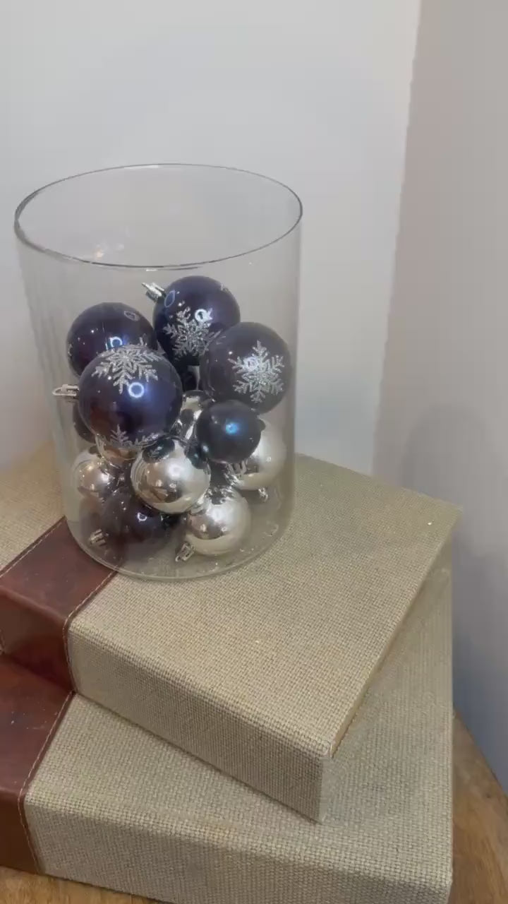 Navy & Silver Ornament Glass Vase Centerpiece | Snowflake Baubles | Modern Christmas Table Decor
