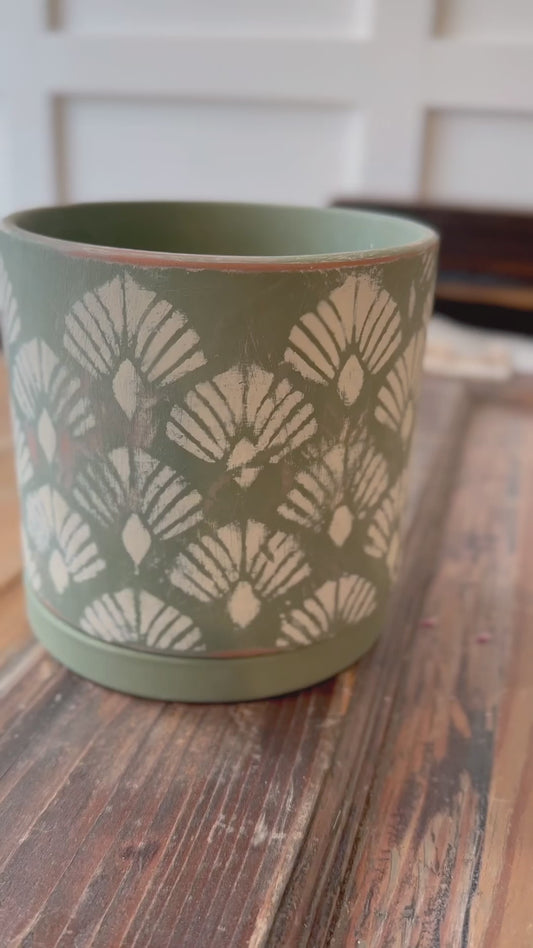 Tropical Leaf Pattern Hand-Painted Planter in Earthy Green