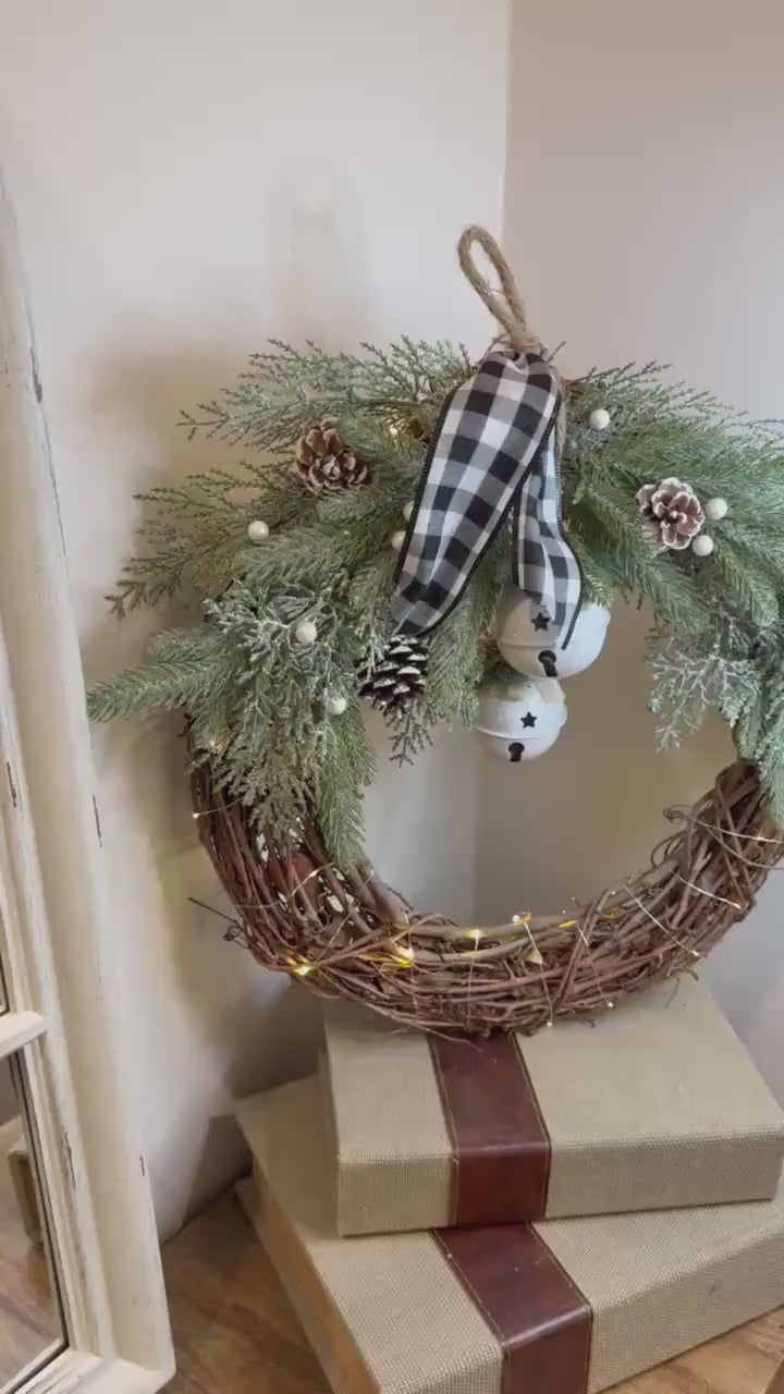 Rustic Christmas Wreath | Frosted Pine, Jingle Bells, Plaid Bow