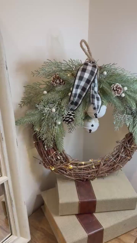 Rustic Christmas Wreath | Frosted Pine, Jingle Bells, Plaid Bow