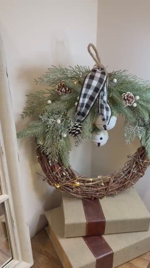 Rustic Christmas Wreath | Frosted Pine, Jingle Bells, Plaid Bow