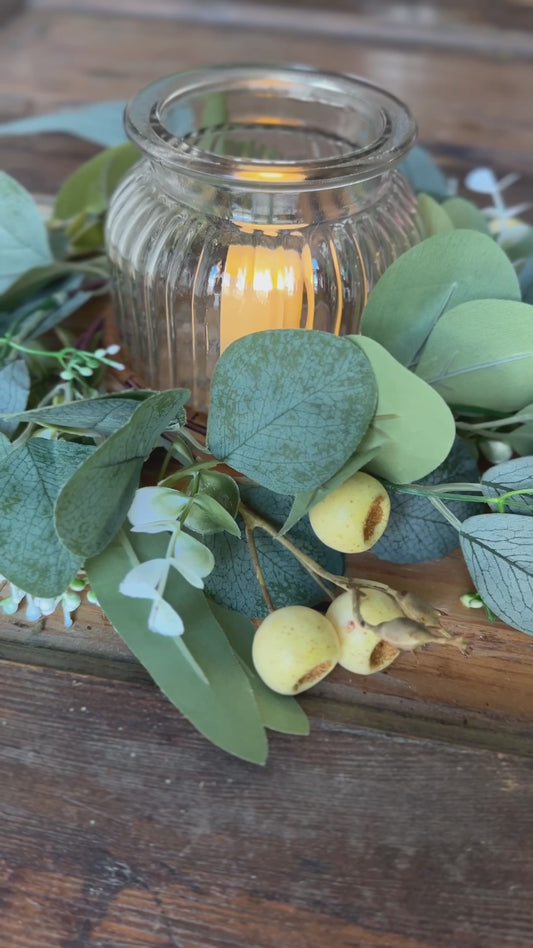 Rustic LED Candle Holder with Greenery and Berry Accents