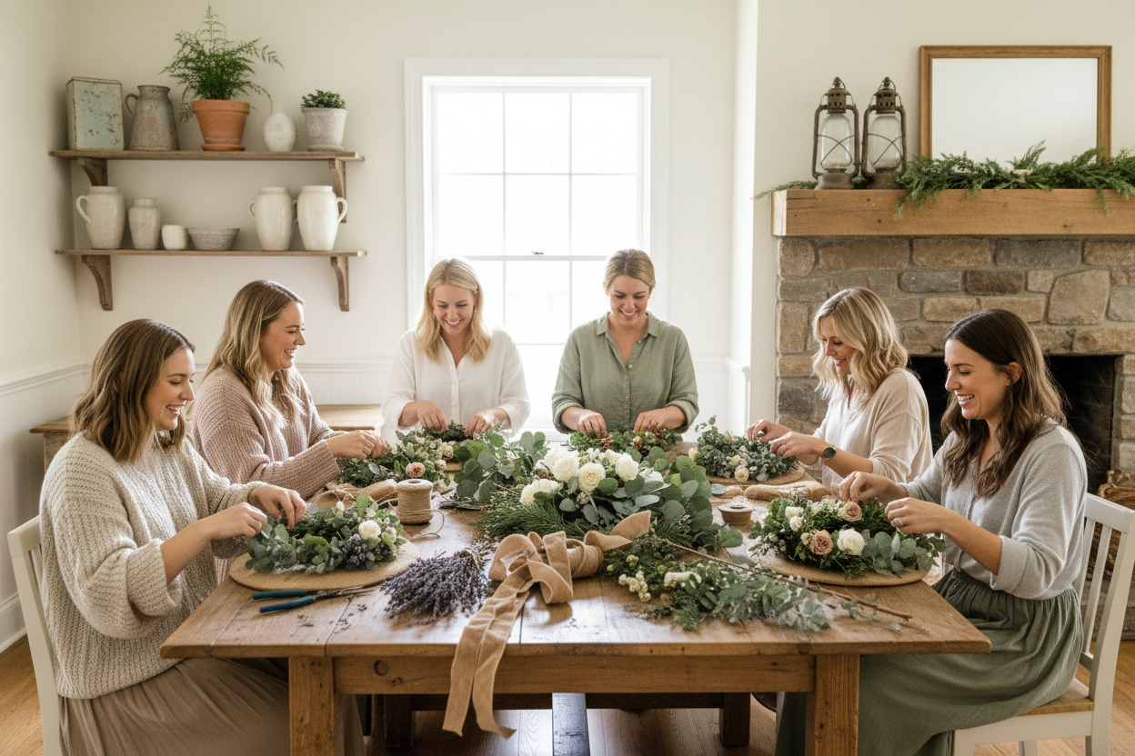 women standing around a table making wreaths together. colors are soft and farmhouse style. women are smiling and laughing