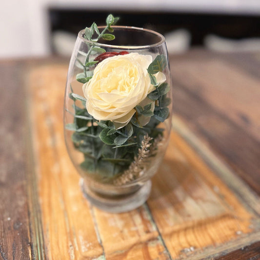 Elegant Peony and Eucalyptus Glass Vase.