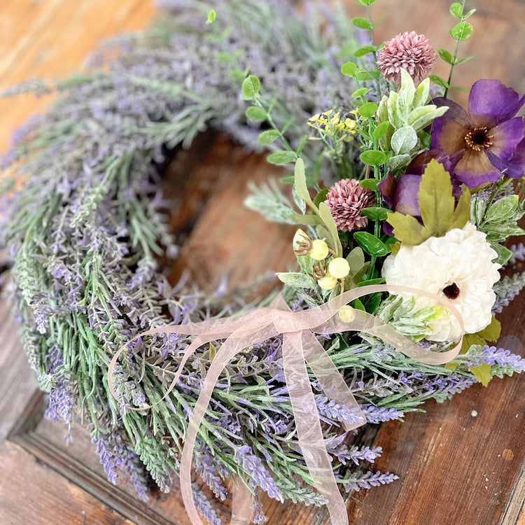 Spring Lavender Wreath with Elegant Pink Bow 16".