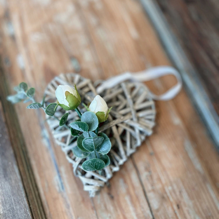 White Rose & Eucalyptus Wooden Heart Door Knob Hanger.